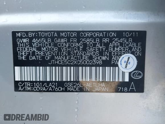 ✅ 2012 Lexus IS 350 • VIN: JTHCE5C2XC5002398 • Lot: 41924366. Wystawiony na IAAI z przebiegiem 163 058 mil. Bezpłatny archiwum sprzedaży aukcyjnych z USA i szczegółowy raport historii pojazdu na DreamBid. Zdjęcie 9.