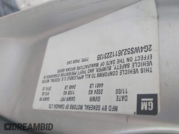 ✅ 2001 Buick Century Custom • VIN: 2G4WS52J611223135 • Lot: 43170032. Listed on IAAI with Not provided. Free auction sales archive from the USA and detailed vehicle history report at DreamBid. Image 9.