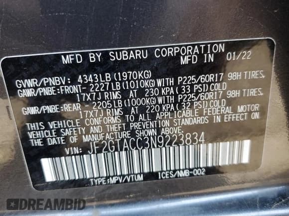 ✅ 2022 Subaru Crosstrek Premium • VIN: JF2GTACC3N9223834 • Lot: 62364795. Listed on Copart with Not provided. Free auction sales archive from the USA and detailed vehicle history report at DreamBid. Image 13.