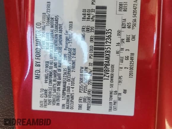 ✅ 2011 Ford Mustang V6 • VIN: 1ZVBP8AMXB5123635 • Lot: 87105185. Listed on Copart with 112,835 mi. Free auction sales archive from the USA and detailed vehicle history report at DreamBid. Image 12.