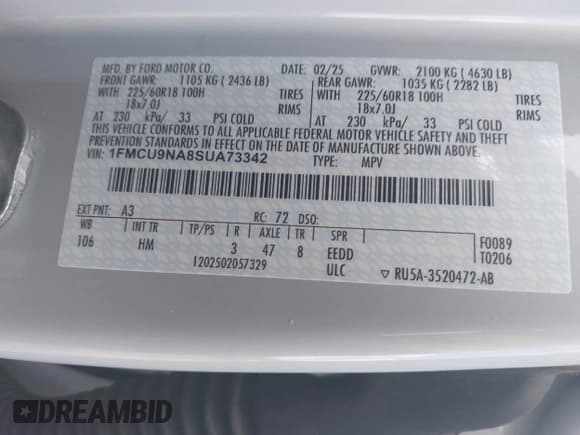 ✅ 2025 Ford Escape ST-Line Select • VIN: 1FMCU9NA8SUA73342 • Лот: 42542669. Опубликован ранее на IAAI с пробегом 10 336 миль. Бесплатный доступ к архиву аукционных продаж из США и подробный отчёт об истории автомобиля на DreamBid. Изображение 9.