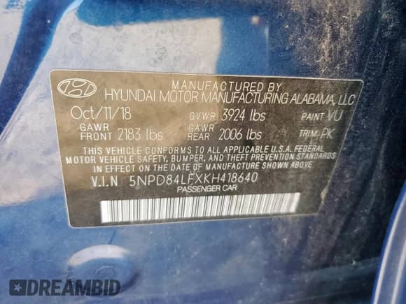 2019 Hyundai Elantra SEL z VIN 5NPD84LFXKH418640, wystawiony jako Copart lot #85314275 z przebiegiem 67 650 mil mil oraz Szkoda całkowita • Salvage title. Historia ofert i sprzedaży dostępna na DreamBid. Obrazek 12.