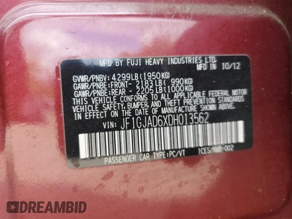 ✅ 2013 Subaru Impreza Premium • VIN: JF1GJAD6XDH013562 • Лот: 86695435. Опубликован ранее на Copart с пробегом 86 674 миль. Бесплатный доступ к архиву аукционных продаж из США и подробный отчёт об истории автомобиля на DreamBid. Изображение 13.