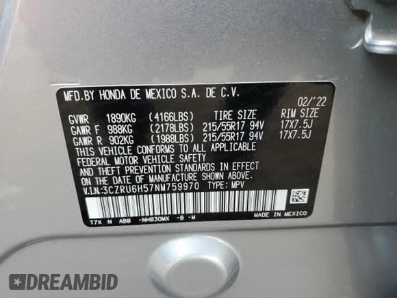 ✅ 2022 Honda HR-V EX • VIN: 3CZRU6H57NM759970 • Lot: 92530275. Listed on Copart with 42,592 mi. Free auction sales archive from the USA and detailed vehicle history report at DreamBid. Image 12.