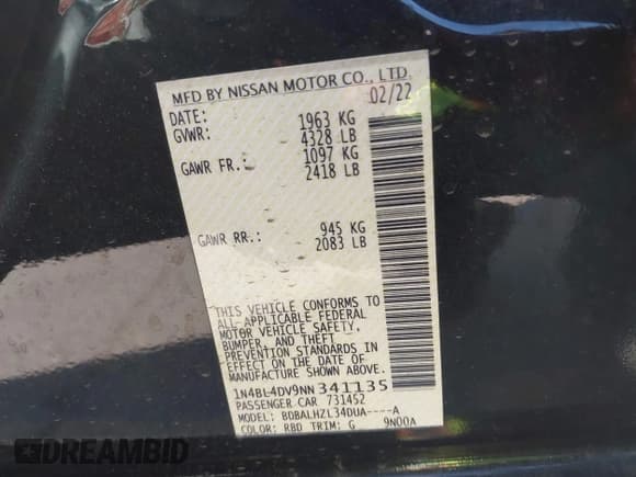 ✅ 2022 Nissan Altima SV • VIN: 1N4BL4DV9NN341135 • Lot: 43531169. Wystawiony na IAAI z przebiegiem 82 343 mil. Bezpłatny archiwum sprzedaży aukcyjnych z USA i szczegółowy raport historii pojazdu na DreamBid. Zdjęcie 9.