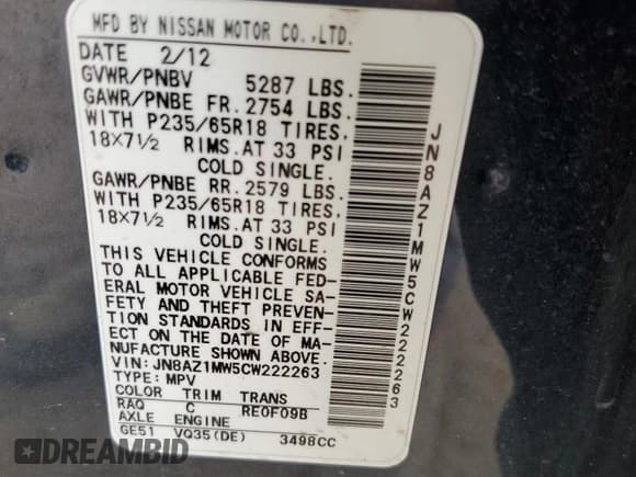 ✅ 2012 Nissan Murano LE • VIN: JN8AZ1MW5CW222263 • Lot: 69598895. Listed on Copart with 122,383 mi. Free auction sales archive from the USA and detailed vehicle history report at DreamBid. Image 13.