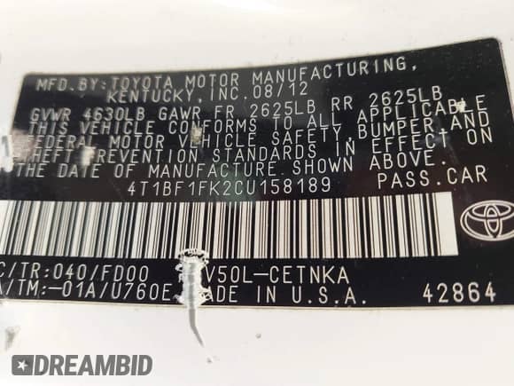 2012 Toyota Camry LE с VIN 4T1BF1FK2CU158189, выставлен на аукционе IAAI как лот 43503430 с пробегом 405 787 миль миль и . История ставок и продаж доступна на DreamBid. Изображение 9.