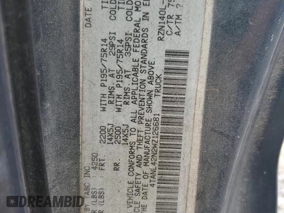 ✅ 1998 Toyota Tacoma • VIN: 4TANL42N2WZ126681 • Lot: 66605225. Listed on Copart with 399,208 mi. Free auction sales archive from the USA and detailed vehicle history report at DreamBid. Image 12.