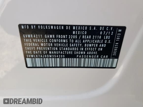 ✅ 2013 Volkswagen Jetta SEL • VIN: 3VWLX7AJ6DM354209 • Lot: 52975365. Listed on Copart with 156,973 mi. Free auction sales archive from the USA and detailed vehicle history report at DreamBid. Image 12.