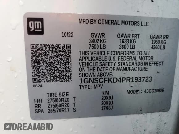 ✅ 2023 Chevrolet Suburban Premier • VIN: 1GNSCFKD4PR193723 • Lot: 86699315. Listed on Copart with 71,668 mi. Free auction sales archive from the USA and detailed vehicle history report at DreamBid. Image 14.