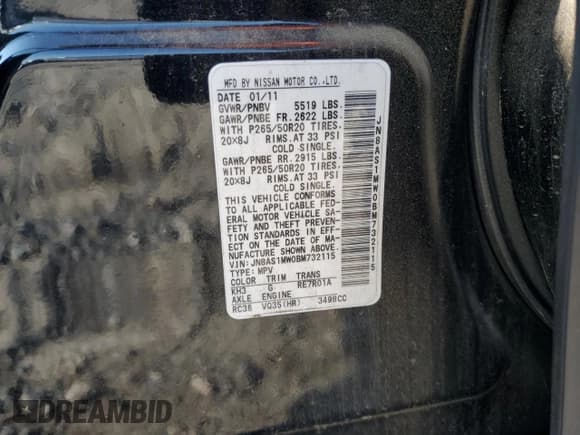 ✅ 2011 Infiniti FX • VIN: JN8AS1MW0BM732115 • Lot: 69354225. Listed on Copart with 208,332 mi. Free auction sales archive from the USA and detailed vehicle history report at DreamBid. Image 13.