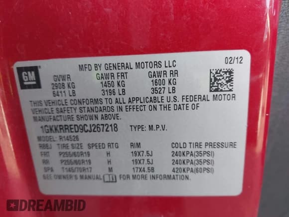 ✅ 2012 GMC Acadia SLT1 • VIN: 1GKKRRED9CJ267218 • Lot: 43403656. Wystawiony na IAAI z przebiegiem 190 005 mil. Bezpłatny archiwum sprzedaży aukcyjnych z USA i szczegółowy raport historii pojazdu na DreamBid. Zdjęcie 9.