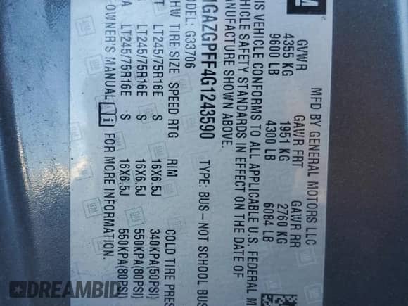 2016 Chevrolet Express Passenger LT with VIN 1GAZGPFF4G1243590, listed as a Copart auction lot 80019254 with Not provided miles and Salvage title. Bid and sale history available at DreamBid. Image 13.