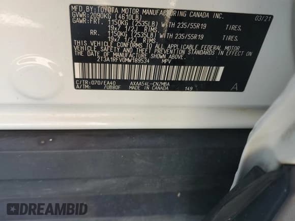 ✅ 2021 Toyota RAV4 XLE Premium • VIN: 2T3A1RFV0MW189534 • Lot: 85930405. Listed on Copart with 45,363 mi. Free auction sales archive from the USA and detailed vehicle history report at DreamBid. Image 13.