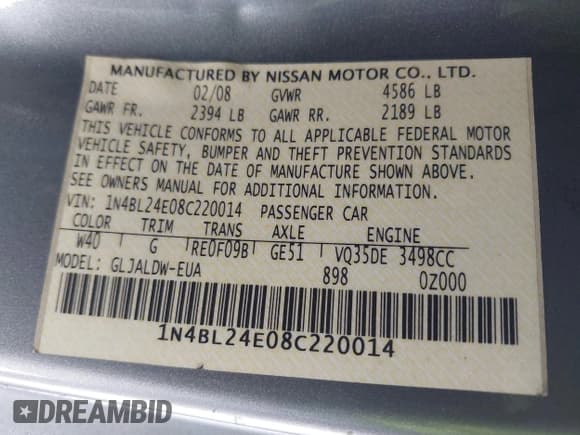 ✅ 2008 Nissan Altima SE • VIN: 1N4BL24E08C220014 • Lot: 42870942. Listed on IAAI with 126,700 mi. Free auction sales archive from the USA and detailed vehicle history report at DreamBid. Image 9.