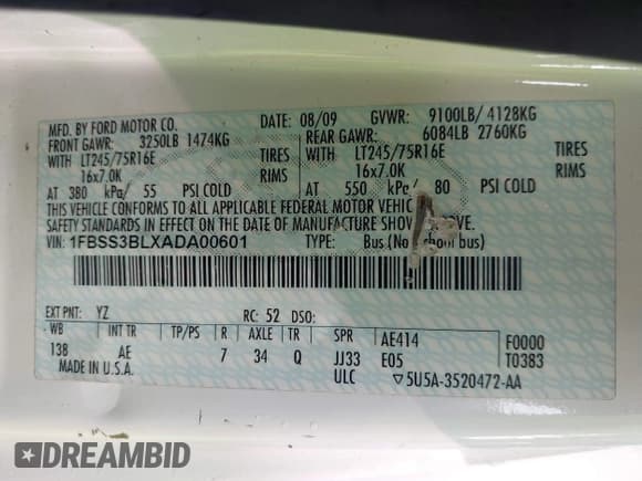 ✅ 2010 Ford Econoline Passenger XL • VIN: 1FBSS3BLXADA00601 • Лот: 42957799. Опубликован ранее на IAAI с пробегом 130 379 миль. Бесплатный доступ к архиву аукционных продаж из США и подробный отчёт об истории автомобиля на DreamBid. Изображение 9.