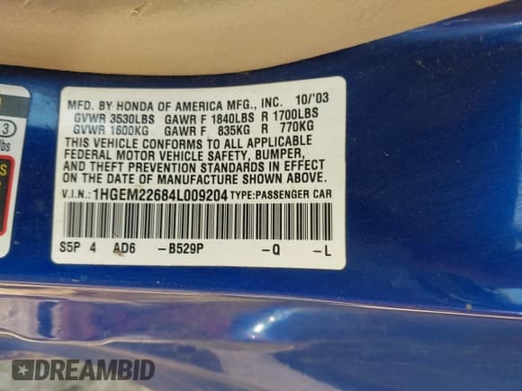 ✅ 2004 Honda Civic LX SSRS • VIN: 1HGEM22684L009204 • Lot: 42482451. Wystawiony na IAAI z przebiegiem 106 143 mil. Bezpłatny archiwum sprzedaży aukcyjnych z USA i szczegółowy raport historii pojazdu na DreamBid. Zdjęcie 9.