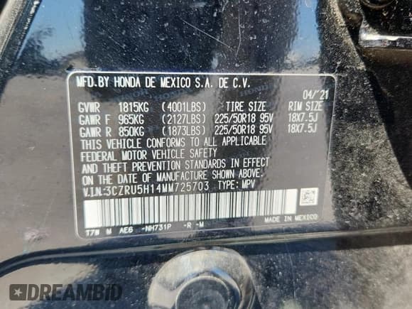 ✅ 2021 Honda HR-V Sport • VIN: 3CZRU5H14MM725703 • Lot: 80306895. Wystawiony na Copart z przebiegiem 49 635 mil. Bezpłatny archiwum sprzedaży aukcyjnych z USA i szczegółowy raport historii pojazdu na DreamBid. Zdjęcie 14.