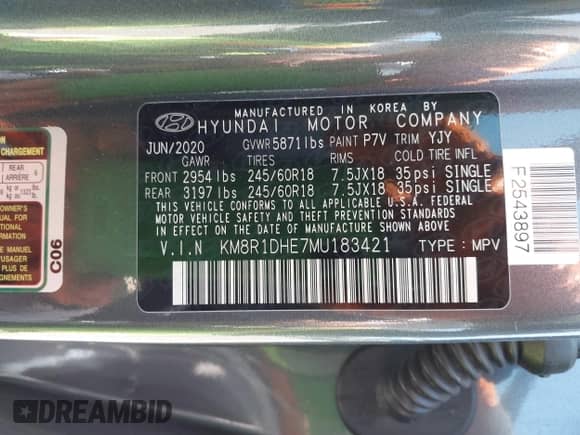 2021 Hyundai Palisade SE with VIN KM8R1DHE7MU183421, listed as a IAAI auction lot 42269640 with 30,330 mi miles and . Bid and sale history available at DreamBid. Image 9.