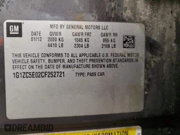 ✅ 2012 Chevrolet Malibu 1LT • VIN: 1G1ZC5E02CF252721 • Lot: 76123524. Listed on Copart with 128,087 mi. Free auction sales archive from the USA and detailed vehicle history report at DreamBid. Image 12.