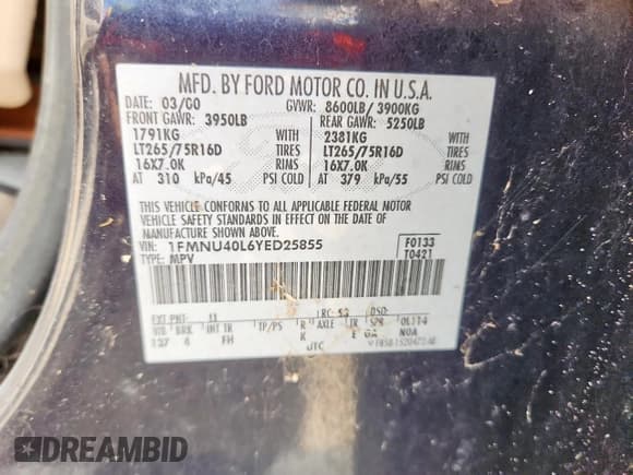 ✅ 2000 Ford Excursion Special Serv • VIN: 1FMNU40L6YED25855 • Лот: 91681905. Опубликован ранее на Copart с пробегом 280 690 миль. Бесплатный доступ к архиву аукционных продаж из США и подробный отчёт об истории автомобиля на DreamBid. Изображение 12.