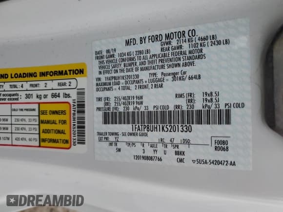 ✅ 2019 Ford Mustang EcoBoost • VIN: 1FATP8UH1K5201330 • Lot: 69406455. Listed on Copart with Not provided. Free auction sales archive from the USA and detailed vehicle history report at DreamBid. Image 12.