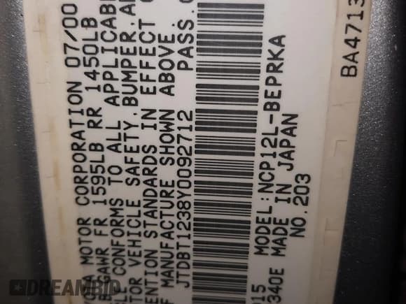 ✅ 2000 Toyota ECHO • VIN: JTDBT1238Y0092712 • Lot: 65478414. Wystawiony na Copart z przebiegiem Nie podano. Bezpłatny archiwum sprzedaży aukcyjnych z USA i szczegółowy raport historii pojazdu na DreamBid. Zdjęcie 12.