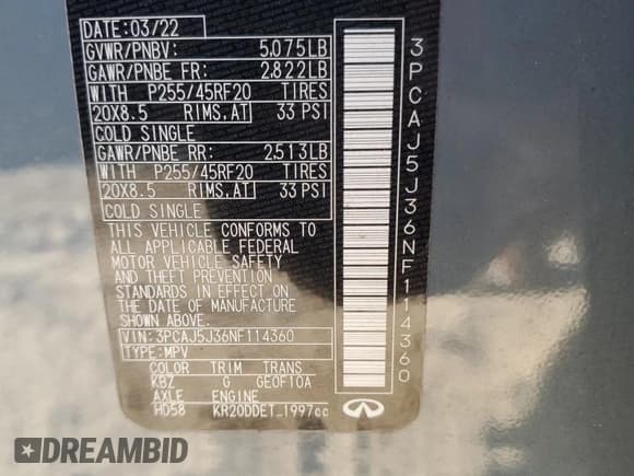 ✅ 2022 Infiniti QX55 Luxe • VIN: 3PCAJ5J36NF114360 • Lot: 69303575. Listed on Copart with 36,804 mi. Free auction sales archive from the USA and detailed vehicle history report at DreamBid. Image 13.