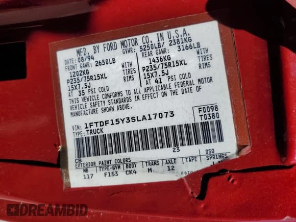 ✅ 1995 Ford F-150 • VIN: 1FTDF15Y3SLA17073 • Lot: 71723985. Listed on Copart with 158,220 mi. Free auction sales archive from the USA and detailed vehicle history report at DreamBid. Image 12.