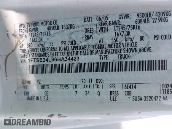 ✅ 2006 Ford Econoline Cargo • VIN: 1FTSE34L66HA34423 • Lot: 42441829. Listed on IAAI with 305,406 mi. Free auction sales archive from the USA and detailed vehicle history report at DreamBid. Image 9.