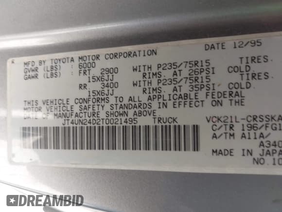 ✅ 1996 Toyota T100 SR5 • VIN: JT4UN24D2T0021495 • Lot: 42078605. Listed on IAAI with Not provided. Free auction sales archive from the USA and detailed vehicle history report at DreamBid. Image 9.