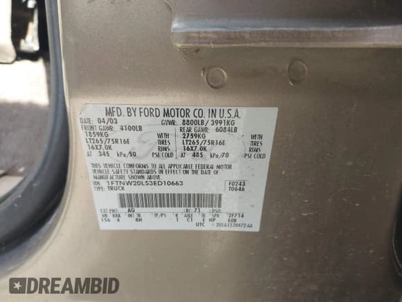 ✅ 2003 Ford F-250 XL • VIN: 1FTNW20L53ED10663 • Lot: 42014993. Listed on IAAI with 384,089 mi. Free auction sales archive from the USA and detailed vehicle history report at DreamBid. Image 9.