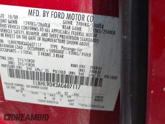 ✅ 2010 Lincoln MKS • VIN: 1LNHL9DR3AG607117 • Lot: 42866704. Wystawiony na IAAI z przebiegiem 219 352 mil. Bezpłatny archiwum sprzedaży aukcyjnych z USA i szczegółowy raport historii pojazdu na DreamBid. Zdjęcie 9.