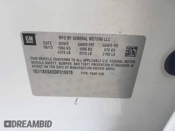 2013 Chevrolet Malibu LS with VIN 1G11A5SA5DF316915, listed as a IAAI auction lot 42369350 with Not provided miles and . Bid and sale history available at DreamBid. Image 9.