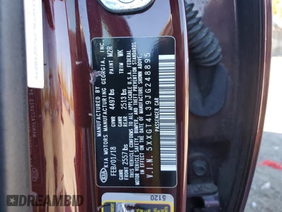 ✅ 2018 Kia Optima LX • VIN: 5XXGT4L39JG248895 • Lot: 82514145. Listed on Copart with 125,573 mi. Free auction sales archive from the USA and detailed vehicle history report at DreamBid. Image 13.