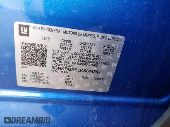 2019 Chevrolet Blazer with VIN 3GNKBGRS1KS644383, listed as a Copart auction lot 51079654 with 42,140 mi miles and . Bid and sale history available at DreamBid. Image 16.