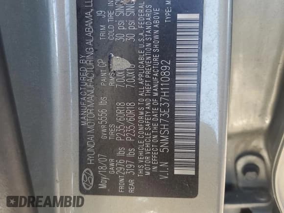 ✅ 2007 Hyundai Santa Fe SE • VIN: 5NMSH73E37H110892 • Lot: 80477034. Listed on Copart with 229,789 mi. Free auction sales archive from the USA and detailed vehicle history report at DreamBid. Image 14.