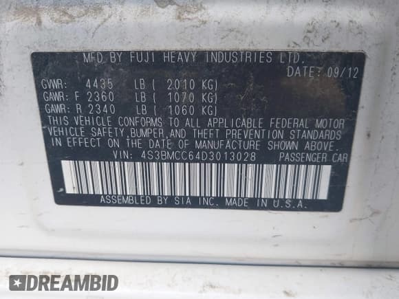 ✅ 2013 Subaru Legacy Premium • VIN: 4S3BMCC64D3013028 • Lot: 43768073. Wystawiony na IAAI z przebiegiem 195 246 mil. Bezpłatny archiwum sprzedaży aukcyjnych z USA i szczegółowy raport historii pojazdu na DreamBid. Zdjęcie 9.