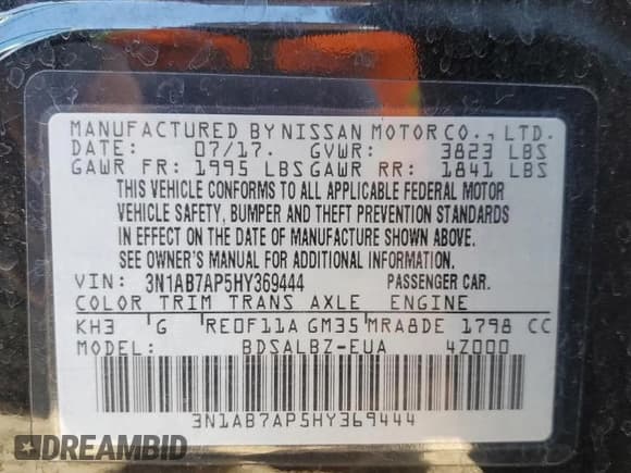 ✅ 2017 Nissan Sentra SV • VIN: 3N1AB7AP5HY369444 • Lot: 86677825. Wystawiony na Copart z przebiegiem 57 194 mil. Bezpłatny archiwum sprzedaży aukcyjnych z USA i szczegółowy raport historii pojazdu na DreamBid. Zdjęcie 12.