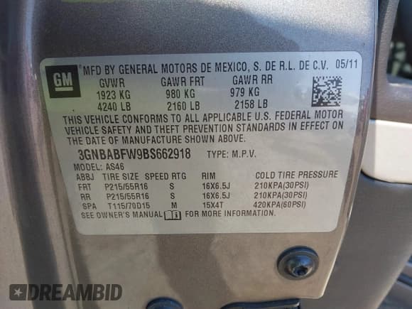 ✅ 2011 Chevrolet HHR 1LT • VIN: 3GNBABFW9BS662918 • Lot: 41779902. Listed on IAAI with 209,275 mi. Free auction sales archive from the USA and detailed vehicle history report at DreamBid. Image 9.