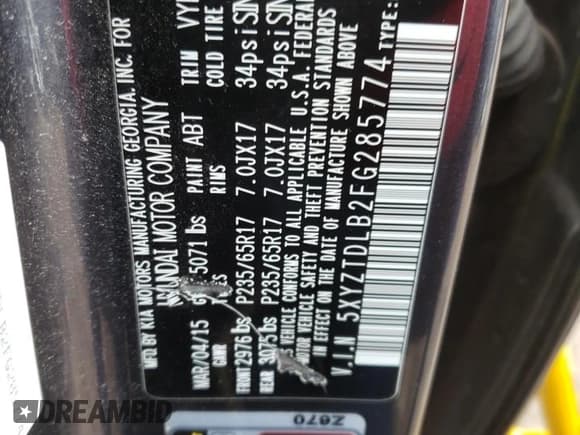 ✅ 2015 Hyundai Santa Fe • VIN: 5XYZTDLB2FG285774 • Лот: 69498402. Опубликован ранее на Copart с пробегом Не указан. Бесплатный доступ к архиву аукционных продаж из США и подробный отчёт об истории автомобиля на DreamBid. Изображение 13.