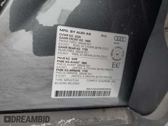 ✅ 2022 Audi e-tron Prestige • VIN: WA1VAAGE5NB039506 • Lot: 83216424. Listed on Copart with Not provided. Free auction sales archive from the USA and detailed vehicle history report at DreamBid. Image 12.