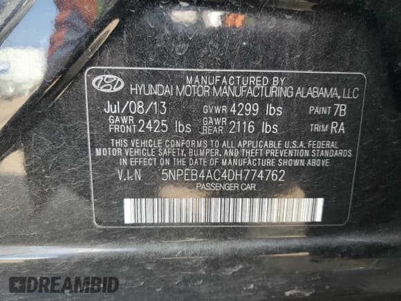 ✅ 2013 Hyundai Sonata GLS • VIN: 5NPEB4AC4DH774762 • Lot: 75264434. Listed on Copart with 118,334 mi. Free auction sales archive from the USA and detailed vehicle history report at DreamBid. Image 12.