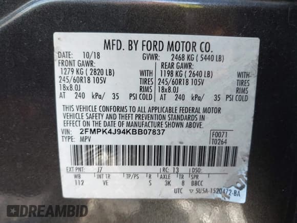 ✅ 2019 Ford Edge SEL • VIN: 2FMPK4J94KBB07837 • Lot: 41347294. Listed on IAAI with 90,668 mi. Free auction sales archive from the USA and detailed vehicle history report at DreamBid. Image 9.