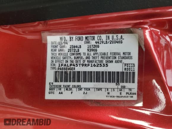 ✅ 1994 Ford Mustang • VIN: 1FALP45T9RF162535 • Lot: 53549795. Listed on Copart with 86,430 mi. Free auction sales archive from the USA and detailed vehicle history report at DreamBid. Image 12.