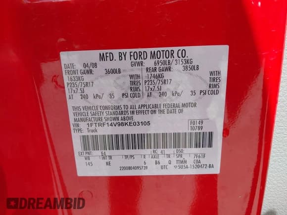 ✅ 2008 Ford F-150 XL • VIN: 1FTRF14V98KE03105 • Лот: 42791931. Опубликован ранее на IAAI с пробегом 170 686 миль. Бесплатный доступ к архиву аукционных продаж из США и подробный отчёт об истории автомобиля на DreamBid. Изображение 9.