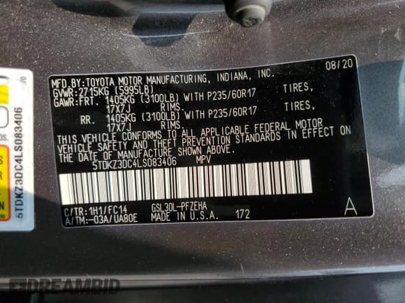 ✅ 2020 Toyota Sienna LE Auto Access Seat • VIN: 5TDKZ3DC4LS083406 • Lot: 59367425. Listed on Copart with 28,420 mi. Free auction sales archive from the USA and detailed vehicle history report at DreamBid. Image 13.