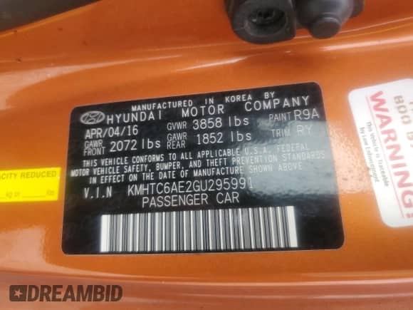 2016 Hyundai Veloster Turbo with VIN KMHTC6AE2GU295991, listed as a Copart auction lot 46511895 with 107,982 mi miles and Salvage title. Bid and sale history available at DreamBid. Image 14.