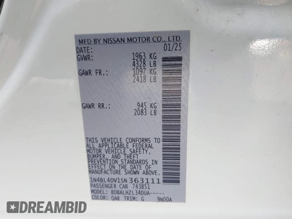 ✅ 2025 Nissan Altima SV • VIN: 1N4BL4DV1SN363111 • Lot: 43722037. Listed on IAAI with 16,043 mi. Free auction sales archive from the USA and detailed vehicle history report at DreamBid. Image 9.