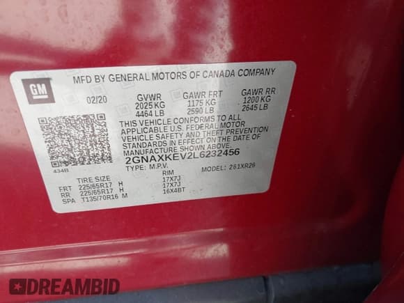 ✅ 2020 Chevrolet Equinox LT • VIN: 2GNAXKEV2L6232456 • Lot: 43309584. Wystawiony na IAAI z przebiegiem 103 556 mil. Bezpłatny archiwum sprzedaży aukcyjnych z USA i szczegółowy raport historii pojazdu na DreamBid. Zdjęcie 9.